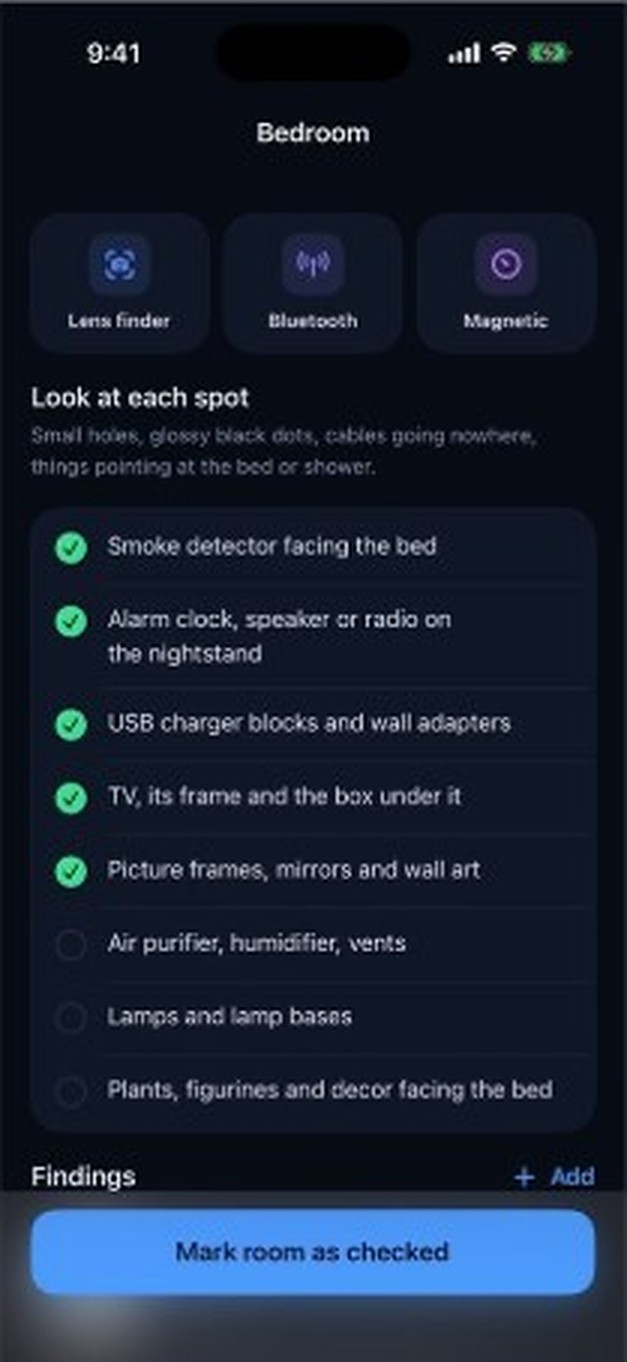 Checklist of spots in a bedroom
